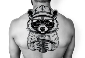 Full body Raccoon with thick square glasses,trucker hat, and iced coffee tattoo idea