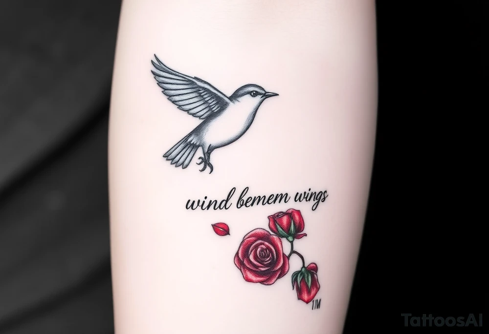 Soaring robin with trail of red rose petals with writing saying wind beneath my wings tattoo idea