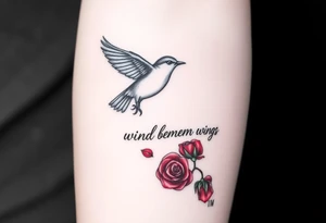 Soaring robin with trail of red rose petals with writing saying wind beneath my wings tattoo idea