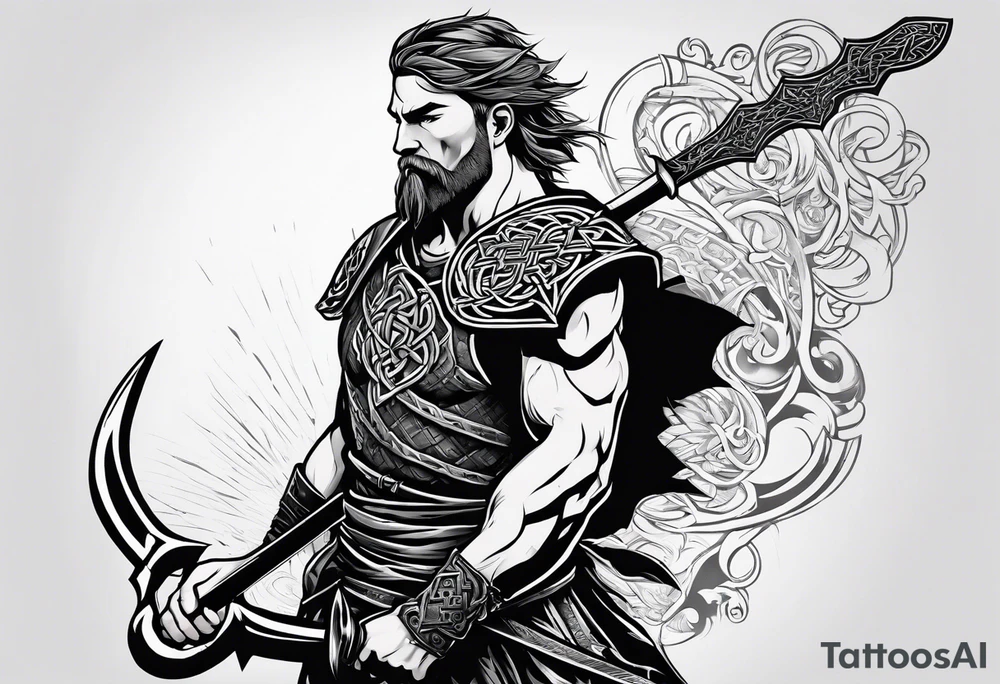 Full body side profile of
Celtic warrior with short hair, a sword in one hand and an axe in the other. tattoo idea