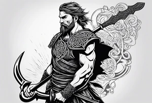 Full body side profile of
Celtic warrior with short hair, a sword in one hand and an axe in the other. tattoo idea
