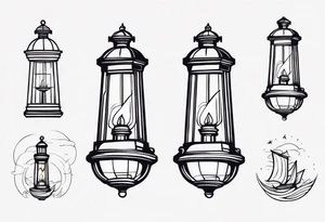 farol iluminado um pouco geometrico, com a luz acesa em um mar agitado, com linhas bem finas e delicadas e bordas limitadas tattoo idea