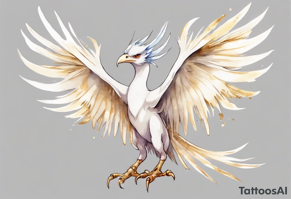 a watercolor of a white bird-wyvern hybrid wearing a plain crown, with light gold wing feathers tattoo idea