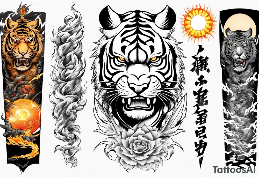tiger warrior with lightning and the sun for a forearm sleeve tattoo idea