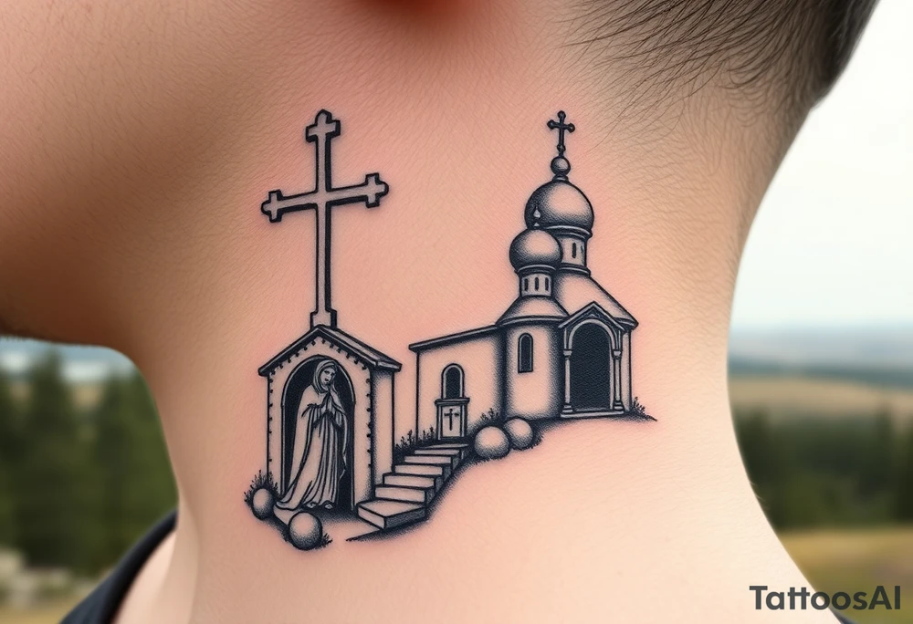 russian design  traditional christian orthodox cross with a virgin mary stood beside the entrance of a russian orthodox dome church on the side of the neck in a wilderness setting tattoo idea