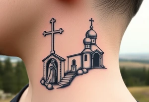 russian design  traditional christian orthodox cross with a virgin mary stood beside the entrance of a russian orthodox dome church on the side of the neck in a wilderness setting tattoo idea