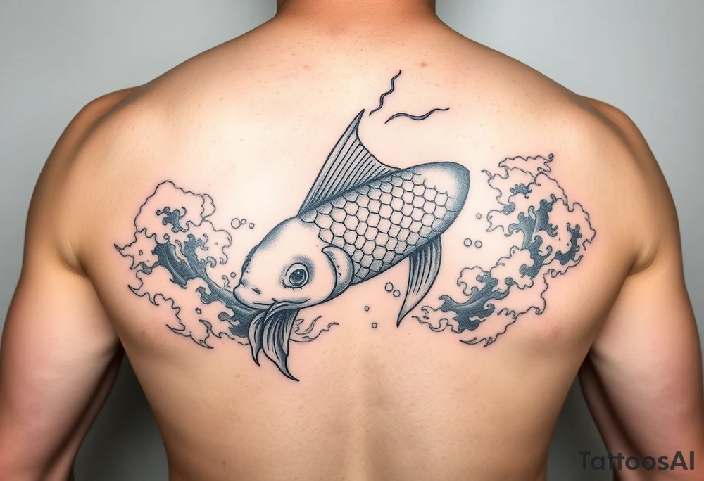 traditional koi fish swimming upstream through turbulent waves tattoo idea