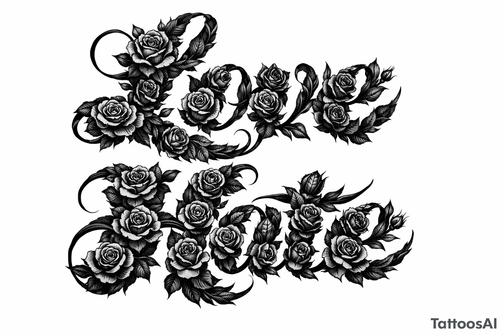Blooming roses forming the letters of love/hate
delicate script. tattoo idea