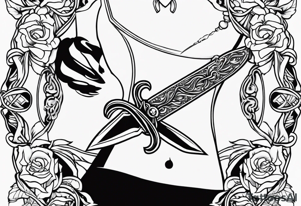 Hand holding dagger outline design no fill tattoo idea