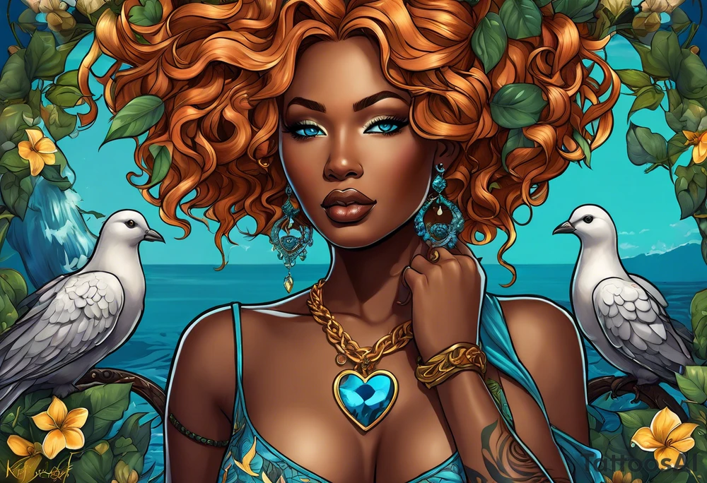 Black skin Aphrodite with auburn hair and ocean-blue eyes with a golden heart necklace surrounded with doves and poison ivy tattoo idea