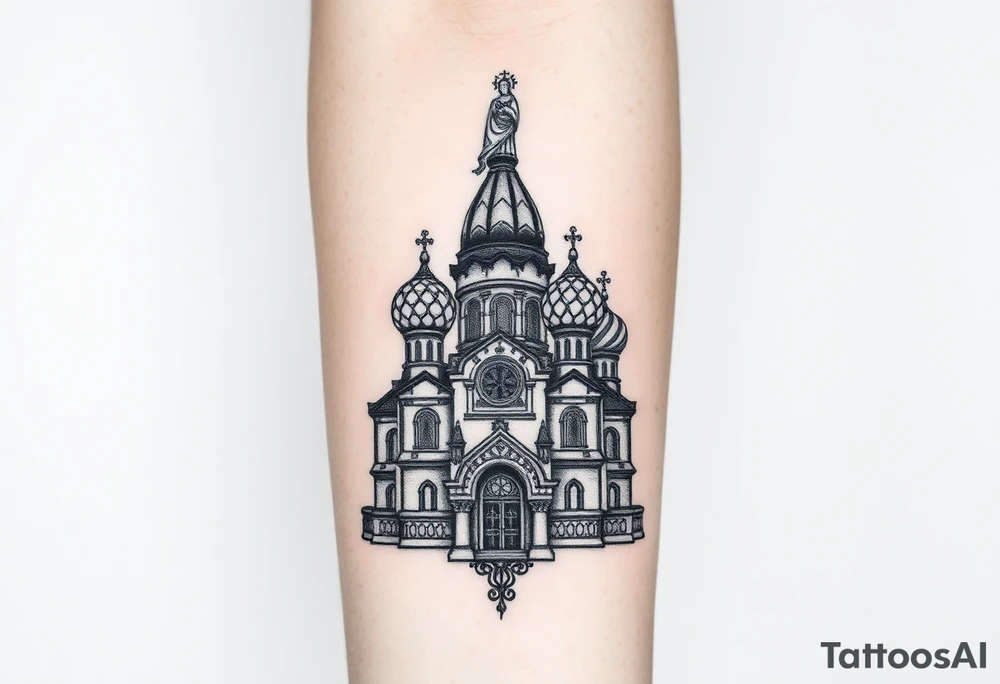 in a dorsal view a detailed orthodox church with onion domes and a band at the front with mist shrouding the top and fading into a virgin mary overlooking above at the top tattoo idea