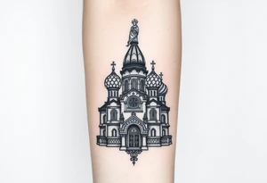 in a dorsal view a detailed orthodox church with onion domes and a band at the front with mist shrouding the top and fading into a virgin mary overlooking above at the top tattoo idea