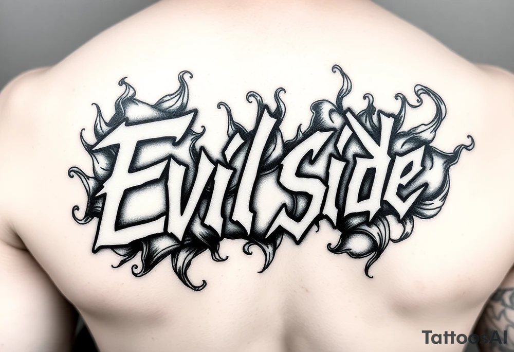 powerful bold cover up saying Evil Side black and white with shading and smoke around it gangsta writing tattoo idea