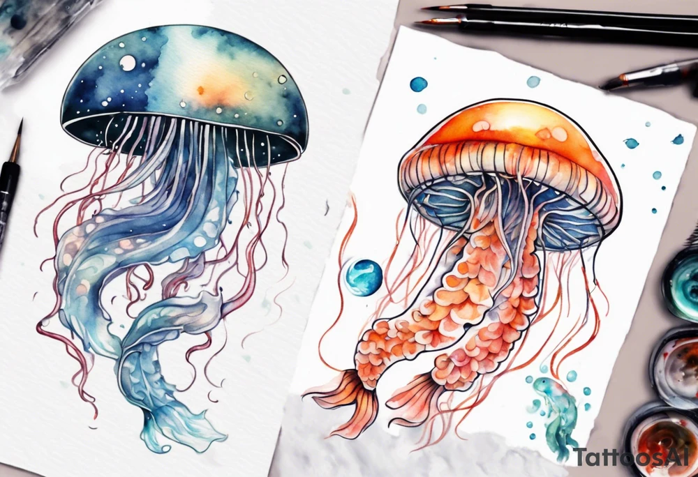 1 jellyfish with the moon in the lid. Then with mini koi carp and jellyfish swimming amongst the tentacles tattoo idea