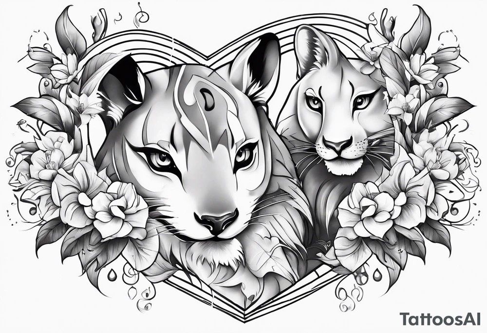 Pickachu and lioness with lilies hearts and music notes tattoo idea