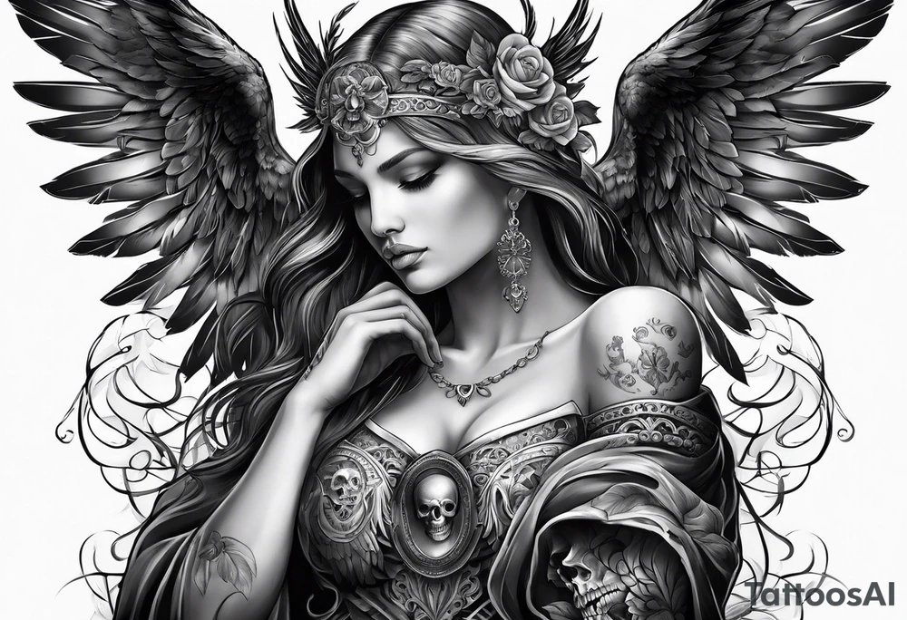 Angel with skull as face tattoo idea