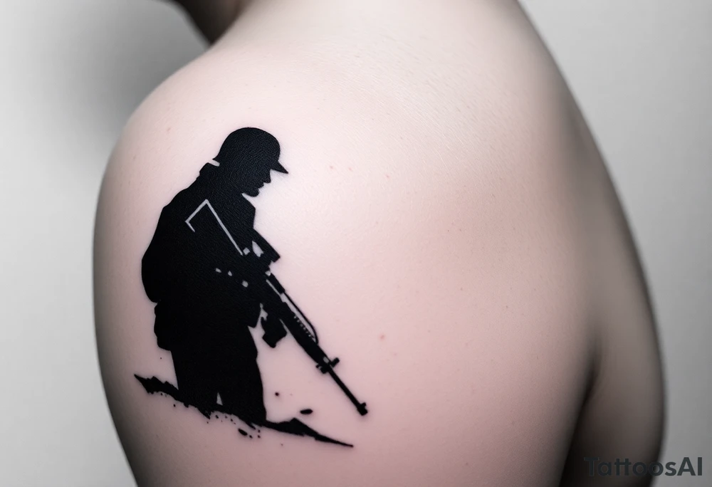 Minimalist covert operative symbolism representing loyalty and survival, faceless soldier silhouette emerging from darkness, torn fabric, subtle scars, controlled posture, black and grey realism, emotional restraint, understated strength, tattoo sleeve element. tattoo idea