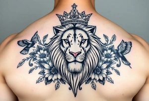 powerful majestic lion with a crown, surrounded by floral ornaments and birds tattoo idea