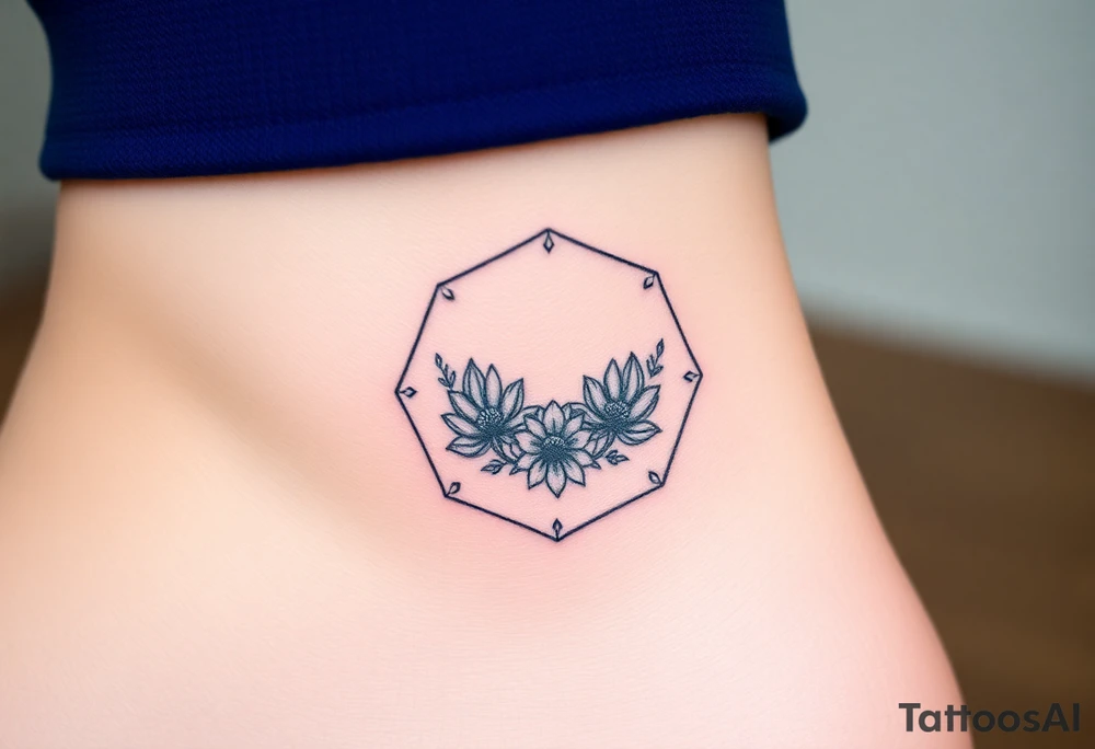 Faint Hexagon with astrological sign for Leo, larkspur and water lilies in the center tattoo idea