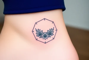 Faint Hexagon with astrological sign for Leo, larkspur and water lilies in the center tattoo idea