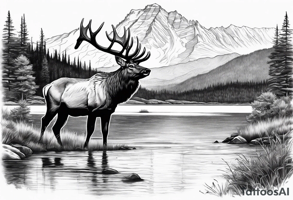 male and female elk near water with mountain landscape in the background tattoo idea