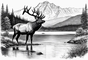 male and female elk near water with mountain landscape in the background tattoo idea
