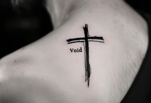 A deep black cross on man face under a man’s right eye, in simple linework, next to the word "Void" on the other side in minimal, spaced-out letters. tattoo idea