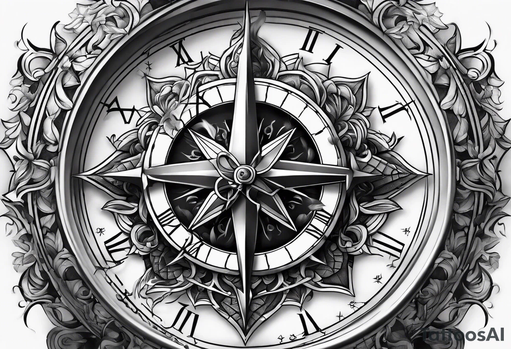 Cross with clock and compass in the middle tattoo idea