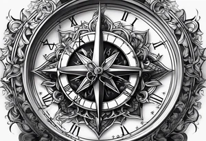 Cross with clock and compass in the middle tattoo idea