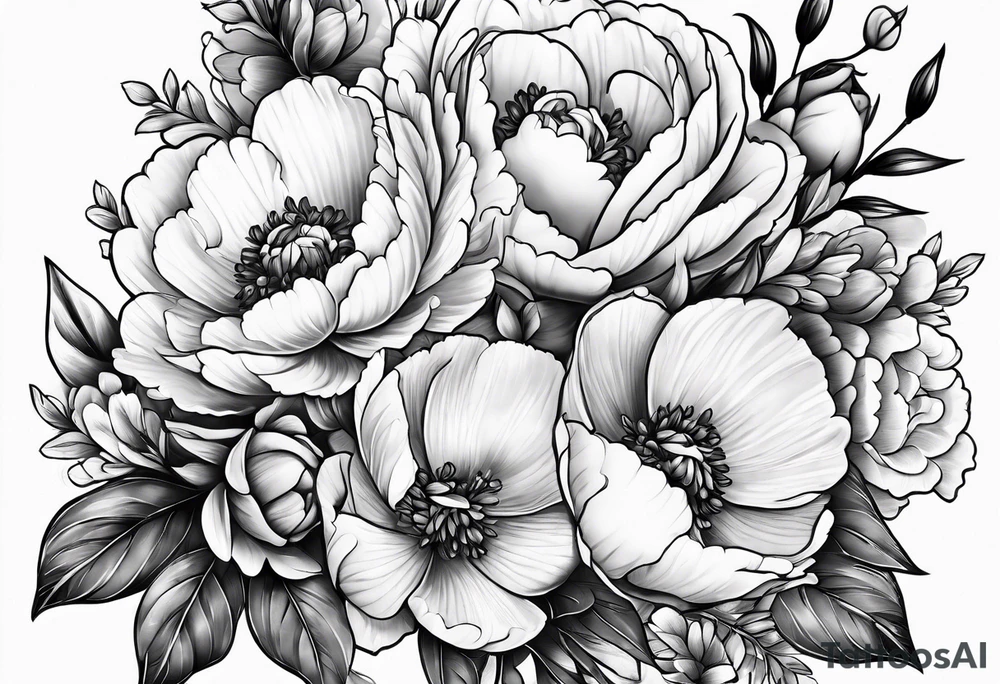 Snapdragon, peonies, and roses mixed together tattoo idea