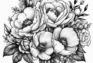Snapdragon, peonies, and roses mixed together tattoo idea