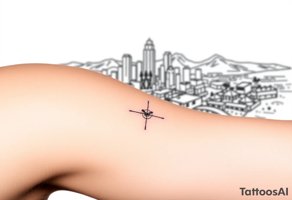 scope crosshairs with eerie Los Angeles city horizon in background tattoo idea