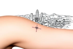 scope crosshairs with eerie Los Angeles city horizon in background tattoo idea