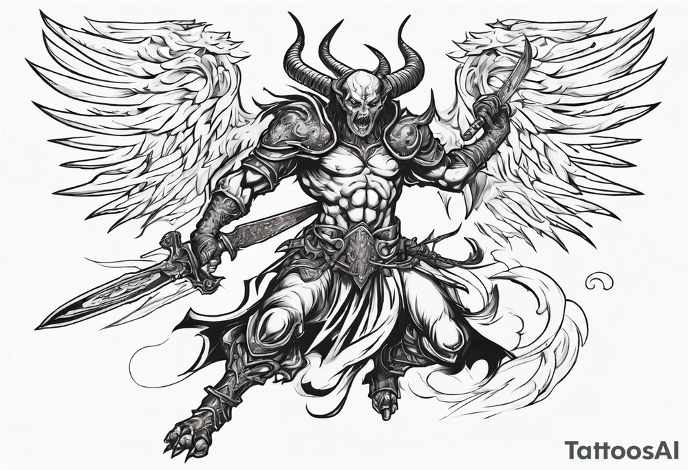 A demon angel wearing organic armor that is in mid-air with his two-handed sword behind them about to attack. tattoo idea