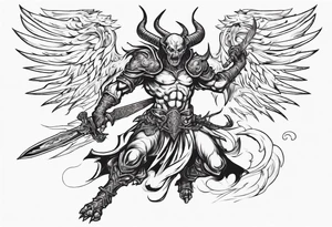 A demon angel wearing organic armor that is in mid-air with his two-handed sword behind them about to attack. tattoo idea