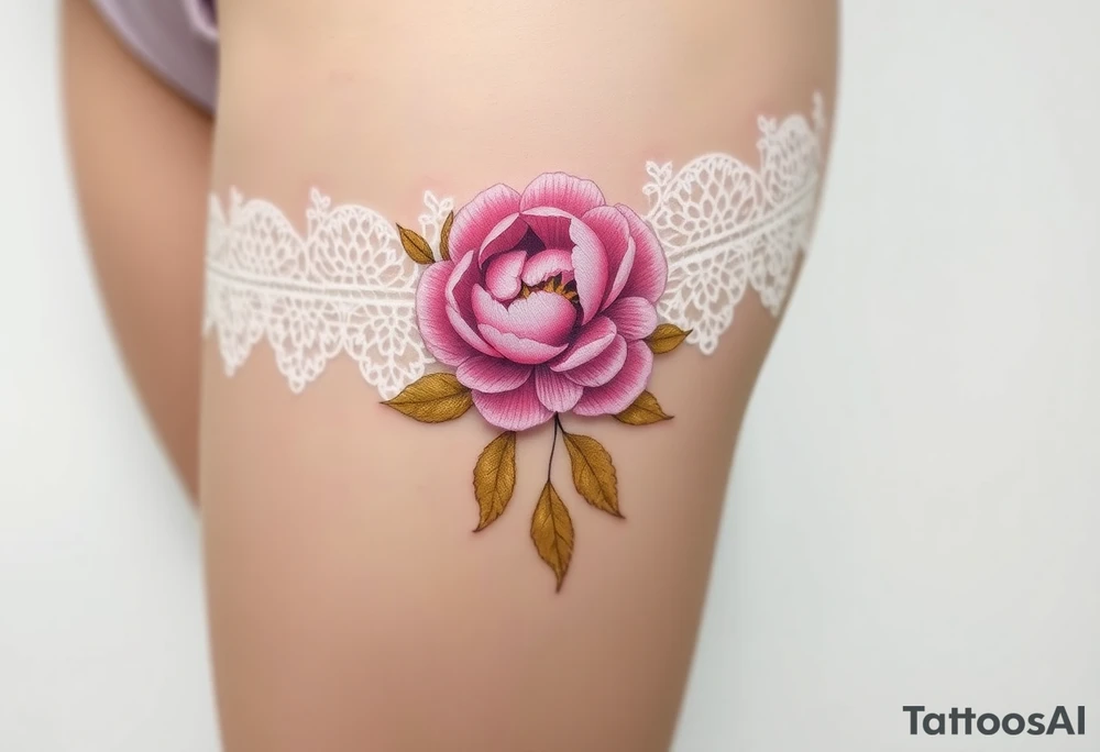 lace garter tattoo with pastel pink peony and petals with golden leaves tattoo idea