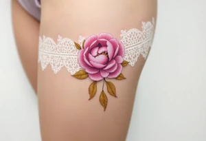 lace garter tattoo with pastel pink peony and petals with golden leaves tattoo idea