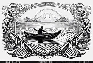 forearm tattoo with 2 big ocean waves with a small canoe, with the date january 6th 1989 in greek tattoo idea