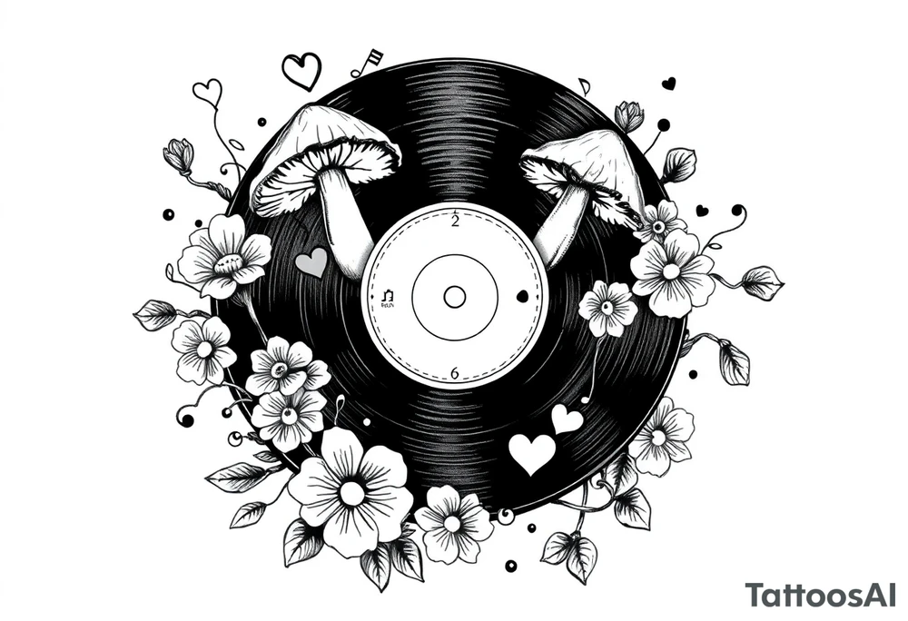 vinyl record with mushrooms, flowers, hearts, and music notes tattoo idea