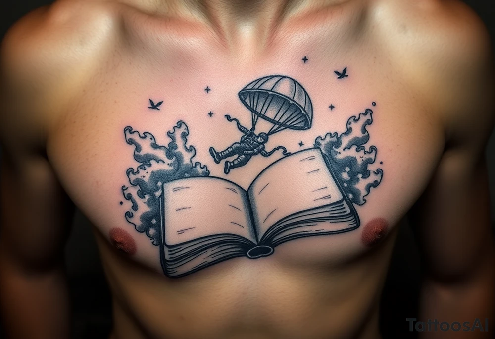 A parachuting soldier falling into an open book. Chaos surrounding, but the book is protecting the soldier from it. On the chest. Make the tattoo smaller. Make it thought provoking. Make the chaos in the environment be an eerie mist. Make the pages in the book be blank. Just one soldier, no other characters. the book is old. tattoo idea