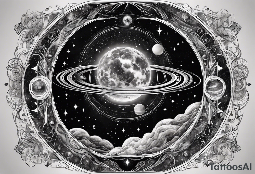 A tattoo featuring a cosmic scene with planets, black holes, and supernovae intertwined with intricate linguistic symbols, reflecting the client's interests in cosmology and linguistics. tattoo idea
