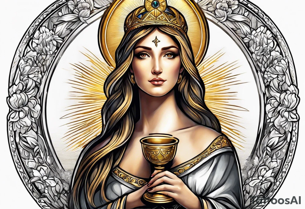 woman saint holding chalice surrounded by golden halo portrait tattoo idea