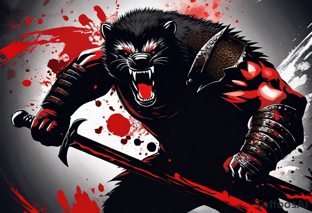 Draw me psychopath Fearless Honey Badger/Berserker with aggressive full body, killer face with a scary smile, very long nails and he attacks like a Bloody Assassin/Warrior/Gladiator to us and also, he has very deadly looking. He fights with his nails only. Everybody scares after their first sight. Give me horror type Badger Tattoo. I want to see his Realistic full body with no weapons. You can show destruction at the back. tattoo idea