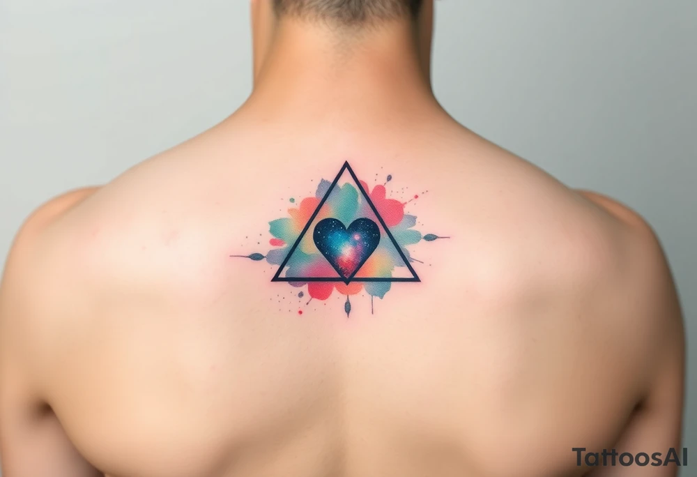 A single triangle with a heart in the center with 
galaxy in background tattoo idea