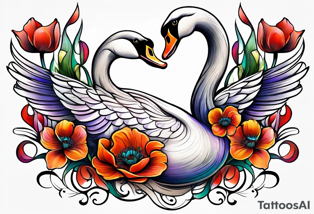 Colorful swan tattoo with poppies, Lily of the valley, sweet pea flower, honeysuckle tattoo idea