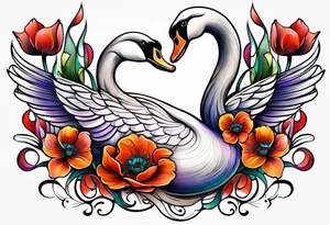 Colorful swan tattoo with poppies, Lily of the valley, sweet pea flower, honeysuckle tattoo idea