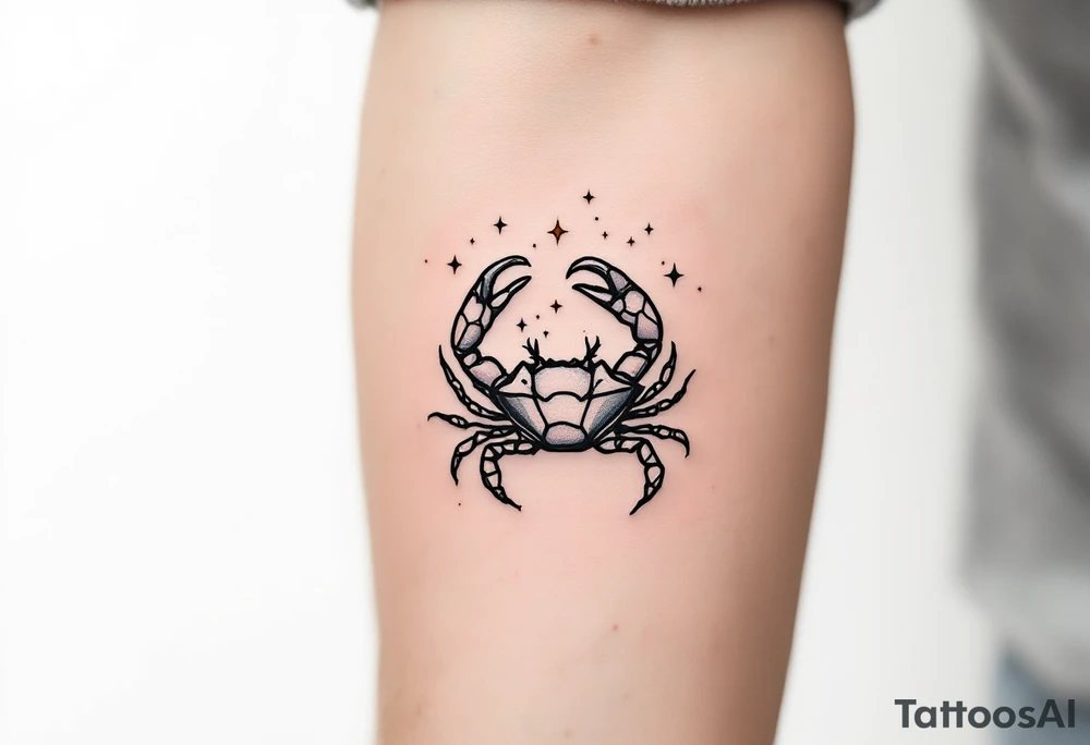 A tiny crab outlined in black with the Cancer star constellation traced above in twinkling pastel stars. tattoo idea