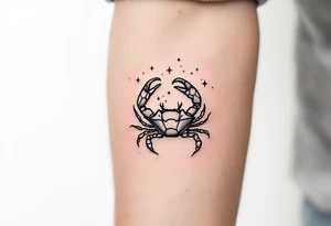 A tiny crab outlined in black with the Cancer star constellation traced above in twinkling pastel stars. tattoo idea