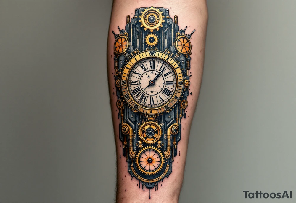 A mechanical full sleeve interface with golden clockwork gears and bronze-plated connectors visible through torn edges. tattoo idea