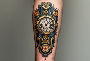 A mechanical full sleeve interface with golden clockwork gears and bronze-plated connectors visible through torn edges. tattoo idea